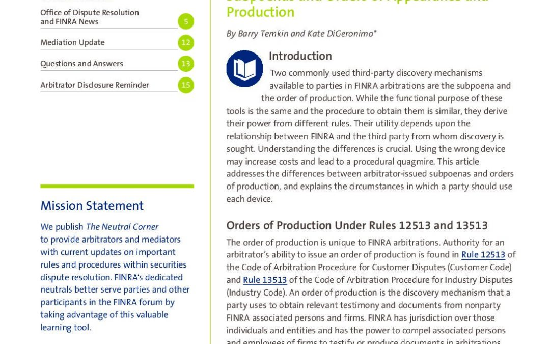 FINRA-The-Neutral-Corner-vol3-2017-Subpoenas-and-order-of-appearance-and-production