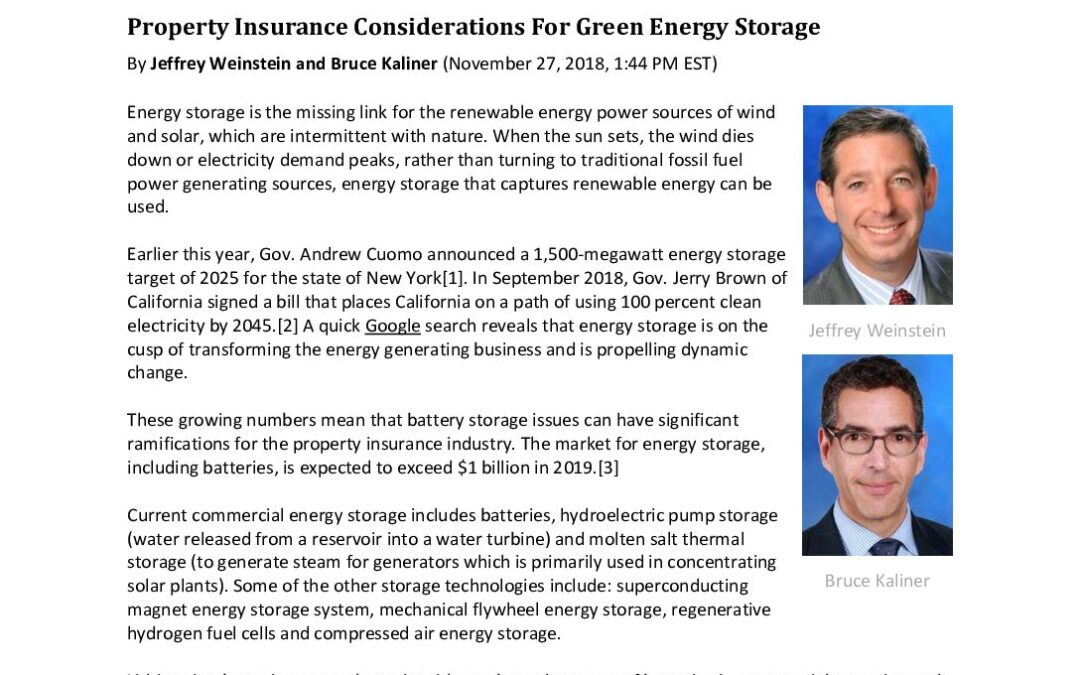 Property Insurance Considerations For Green Energy Storage – Law 360 – JSW BRK